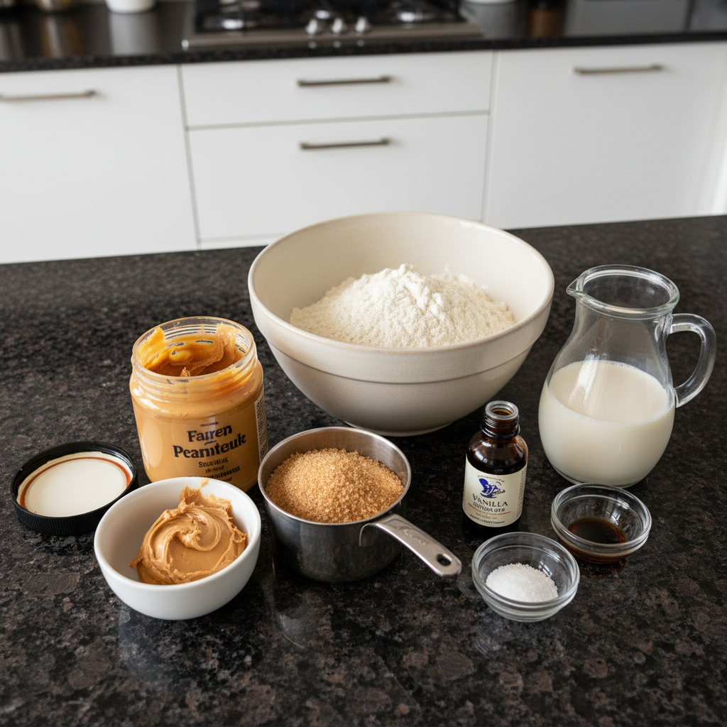 A vibrant array of vegan peanut butter cookies ingredients: flour, peanut butter, and plant-based milk.