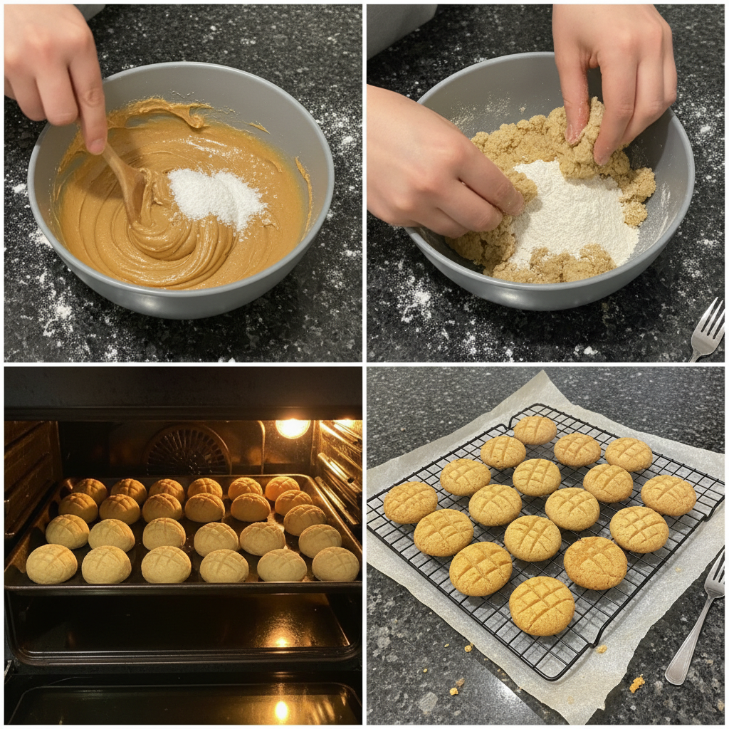 The process of prepping vegan peanut butter cookies: scooping dough onto baking sheet.