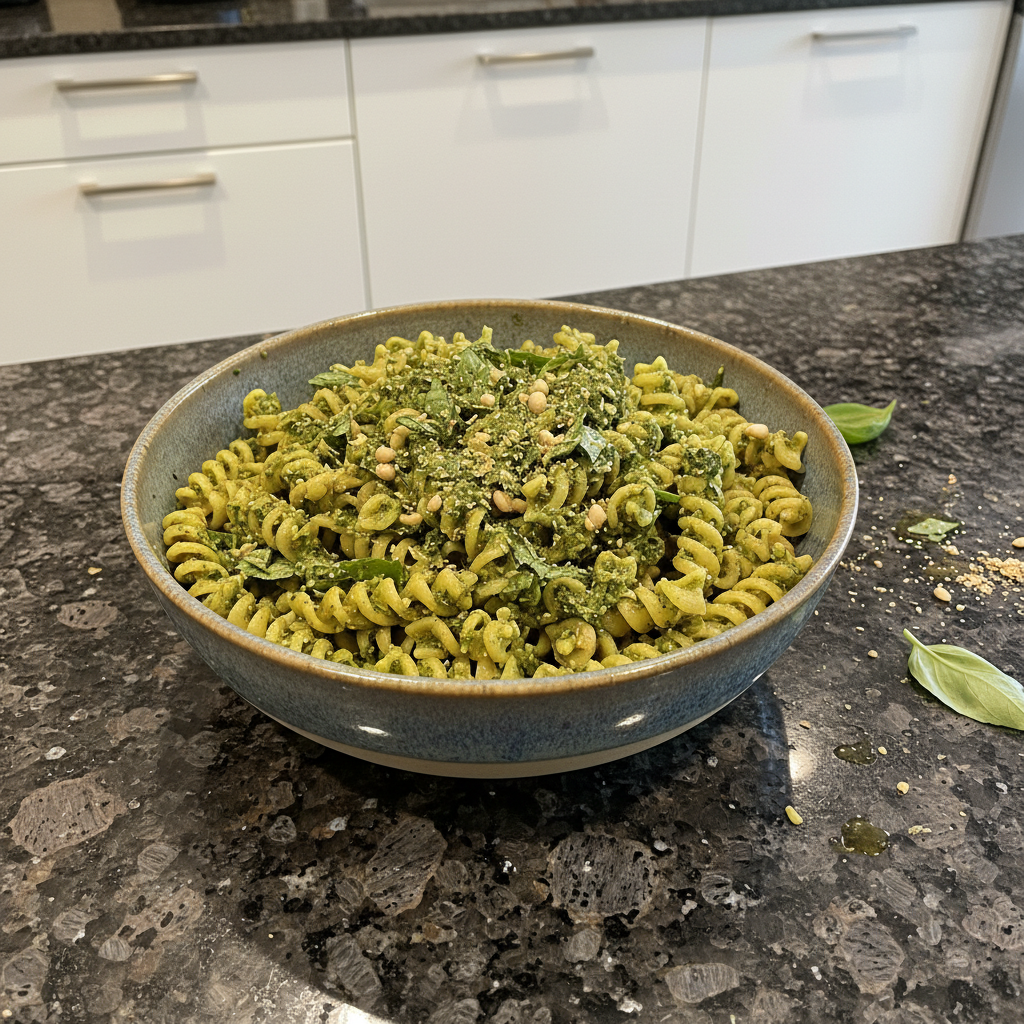 A vibrant plate of vegan pesto pasta, garnished with fresh basil leaves.