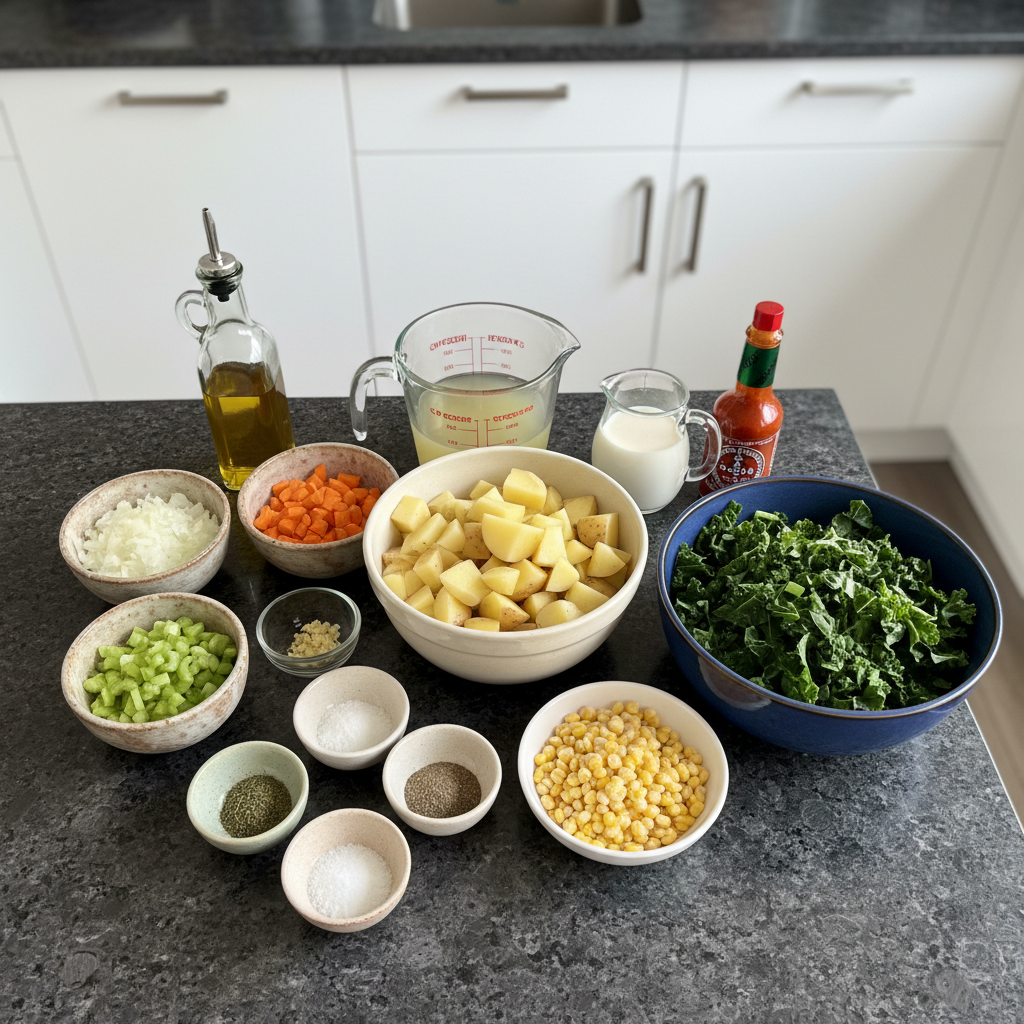 Assortment of fresh ingredients for making delicious vegan potato soup.