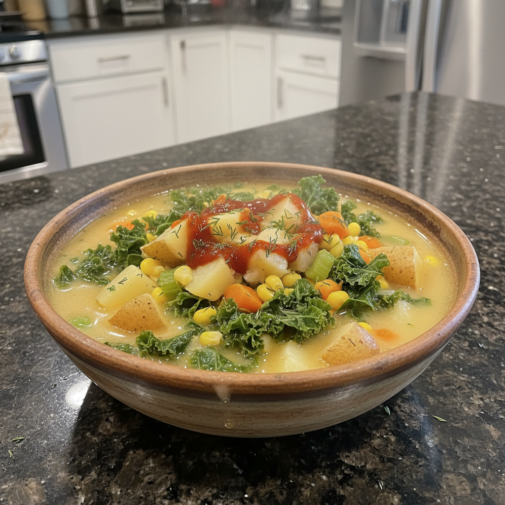 Creamy vegan potato soup served in a rustic bowl, garnished with fresh herbs.