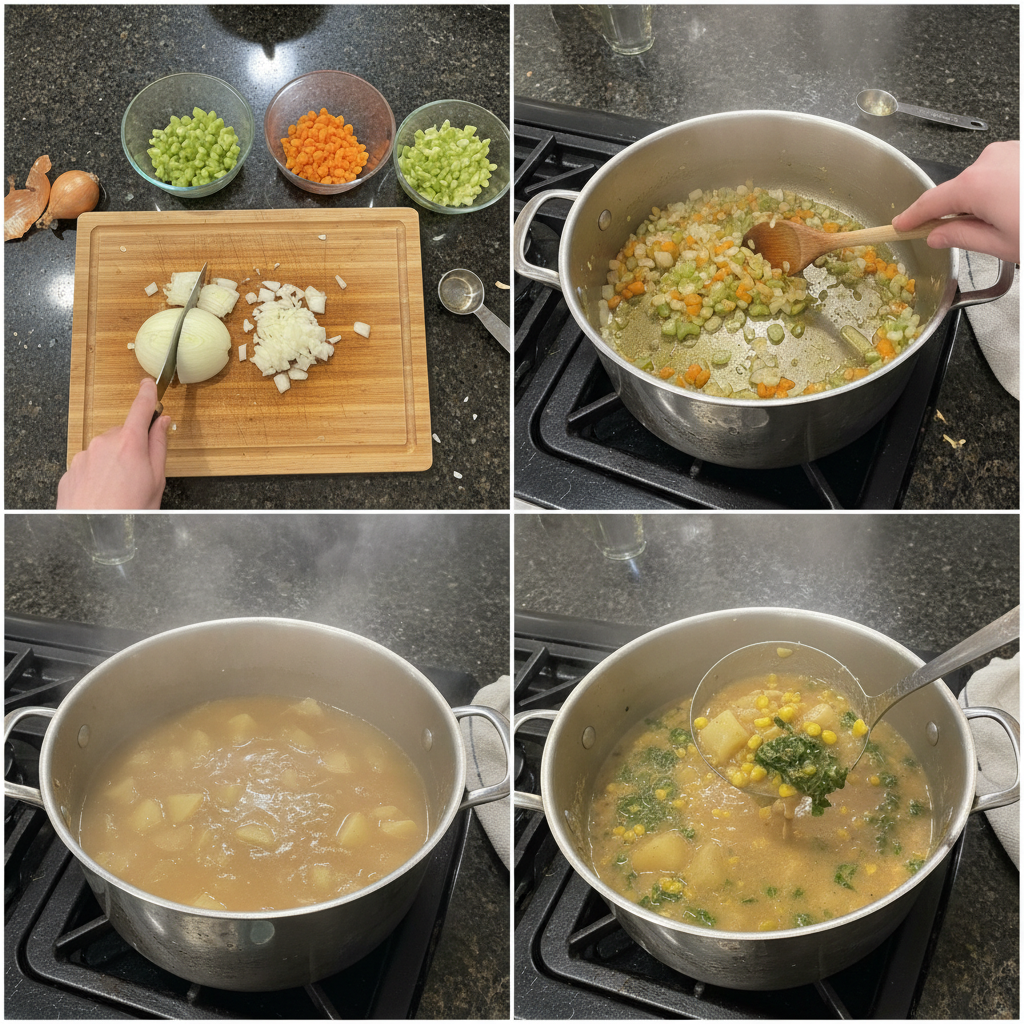 Step-by-step preparation of vegan potato soup in a stainless steel pot.