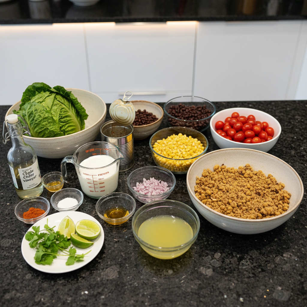 Close-up of fresh ingredients for a delicious vegan taco salad.