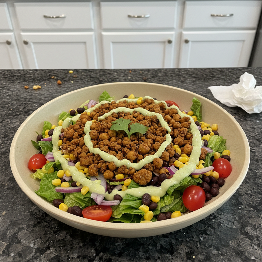 Overhead shot of vibrant vegan taco salad in a bowl.