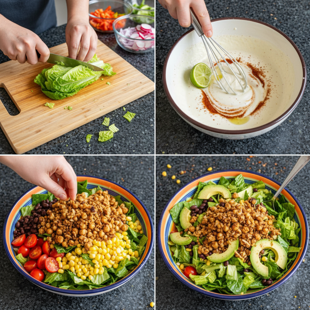 Step-by-step guide to preparing easy vegan taco salad.