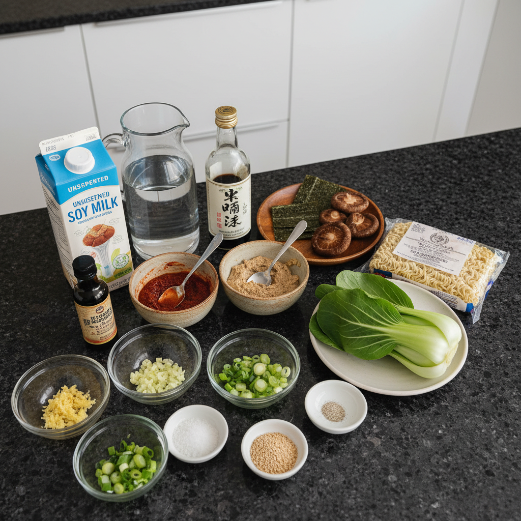 Fresh ingredients for vegetarian ramen: vegetables, noodles, broth.