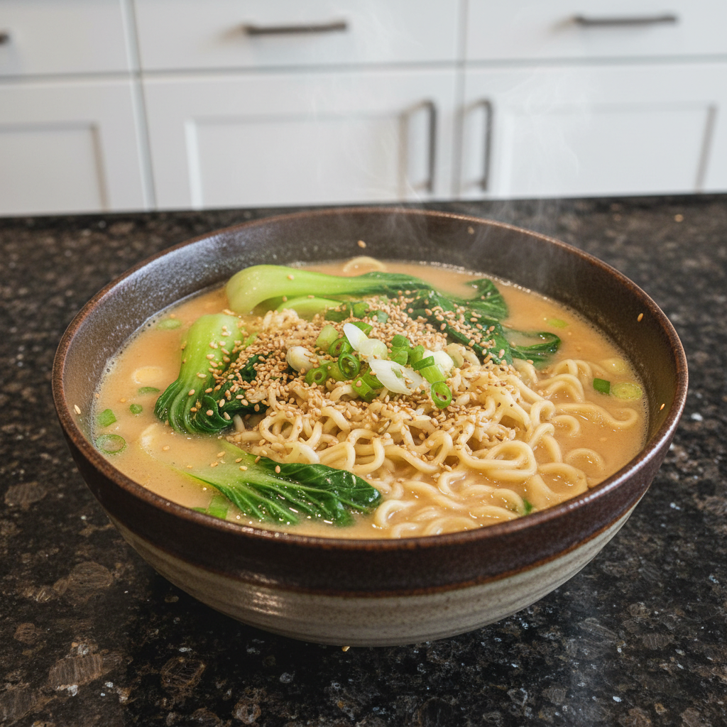 Bowl of flavorful vegetarian ramen with colorful toppings and rich broth.