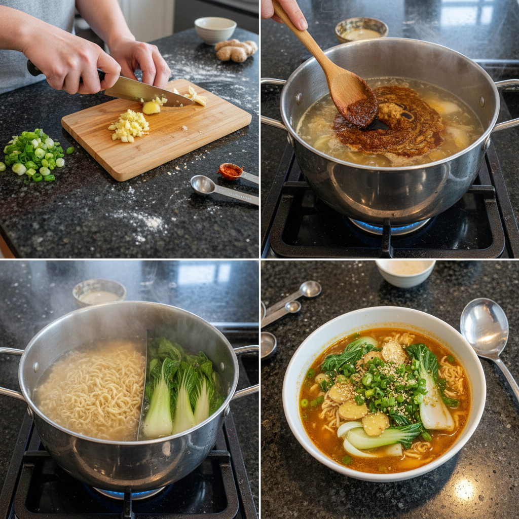 Step-by-step preparation of vegetarian ramen in a pot.