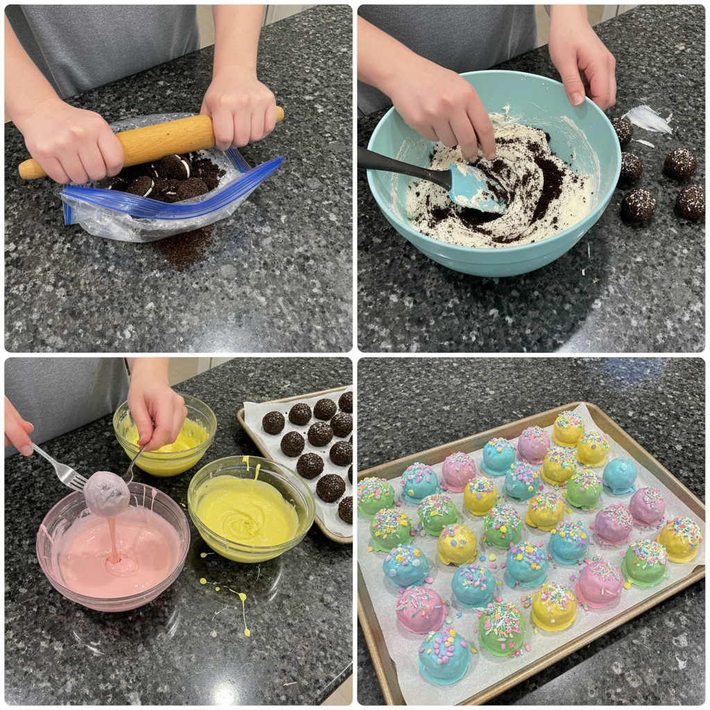 Making 3 ingredient Oreo Easter treats, dipping into chocolate