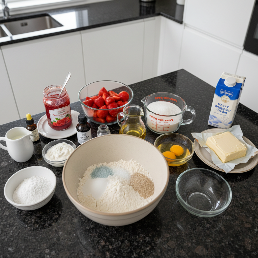 Fresh ingredients for Bakery Style Strawberry Shortcake recipe, including ripe strawberries.