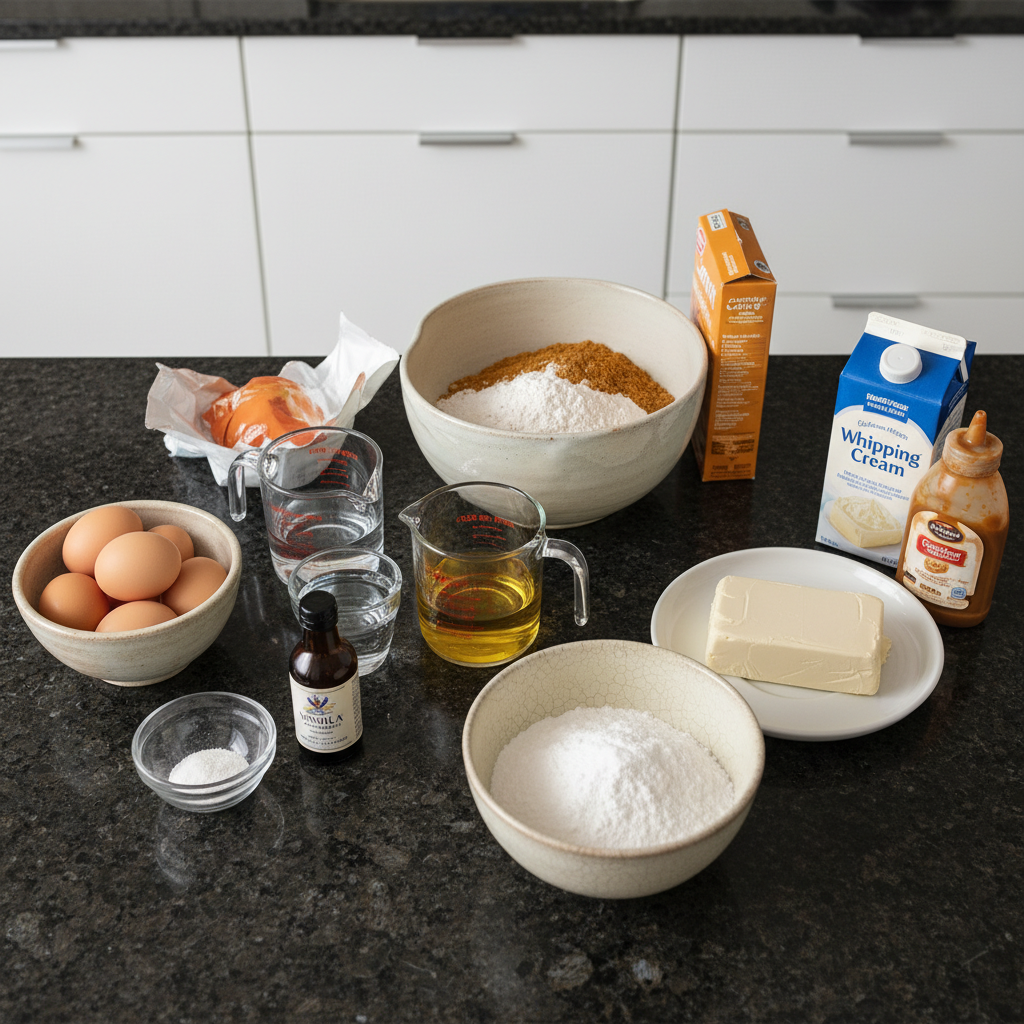 Ingredients for easy boxed carrot cake roll recipe on counter.