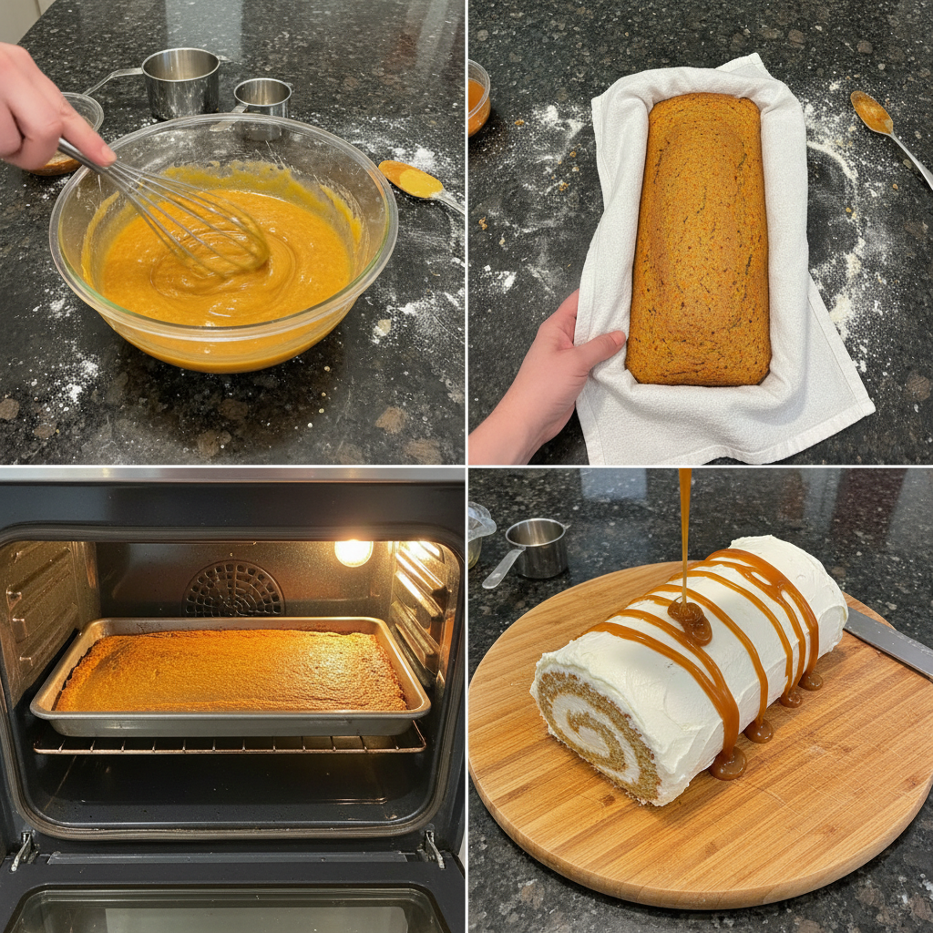 Step-by-step prep for homemade boxed carrot cake roll recipe.