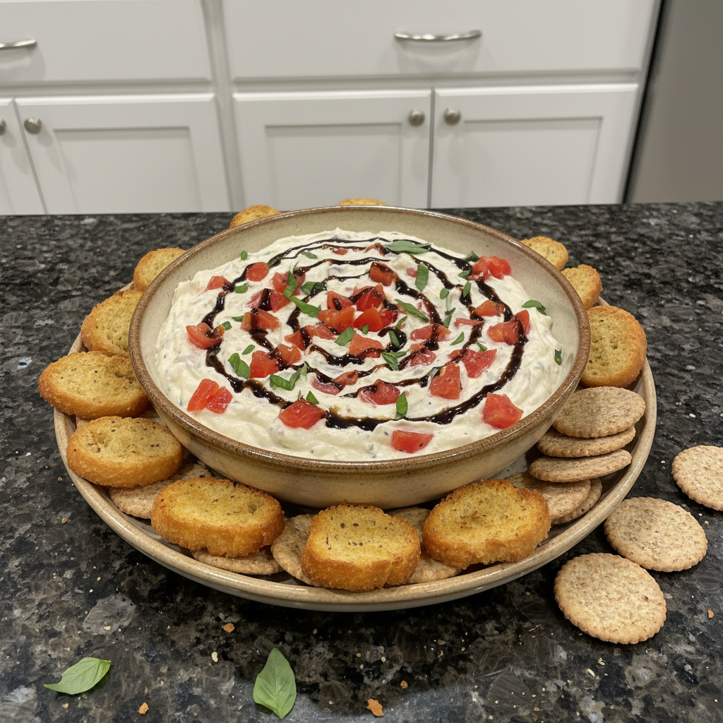 Delicious Bruschetta Dip served with toasted bread slices.