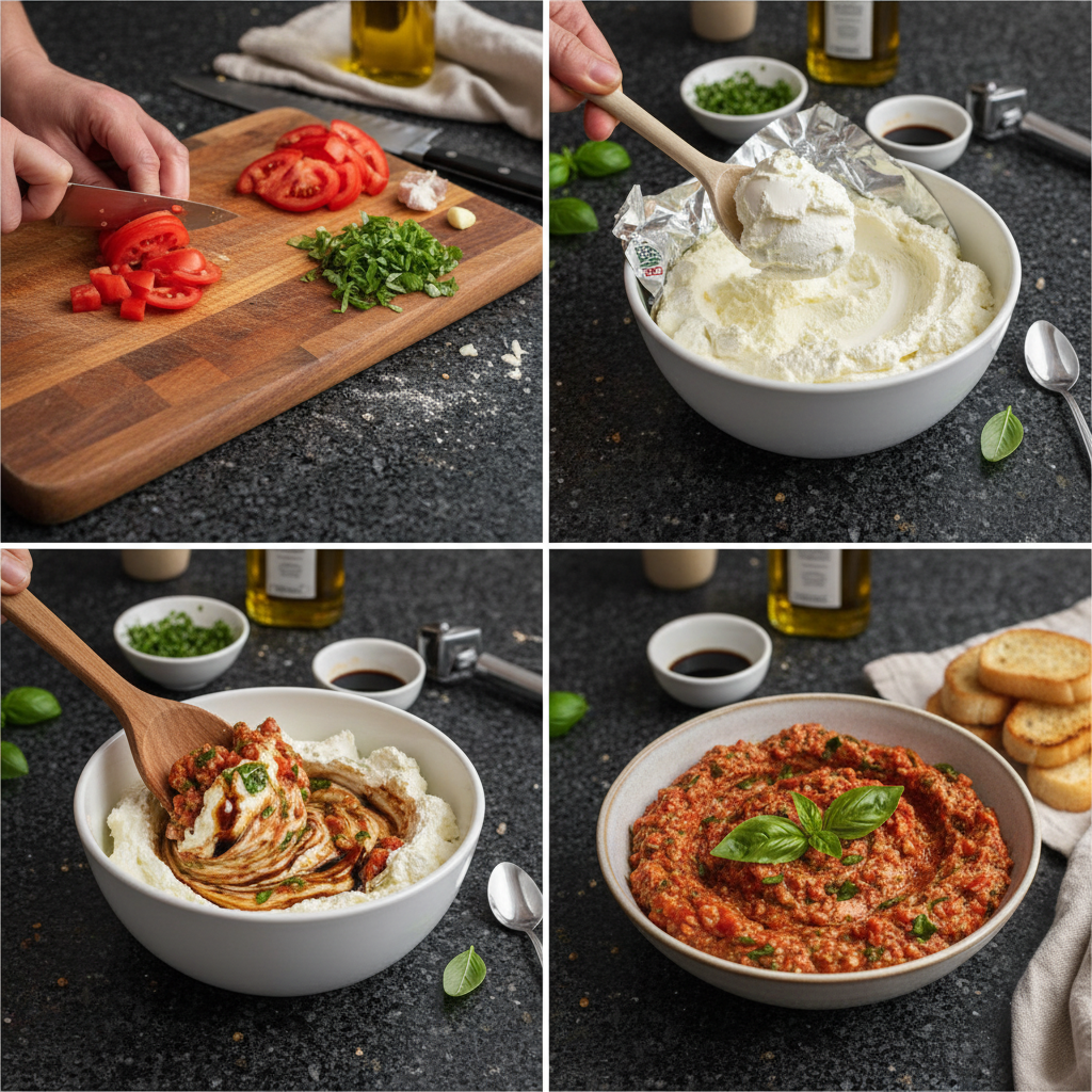 Step-by-step preparation of Bruschetta Dip recipe.
