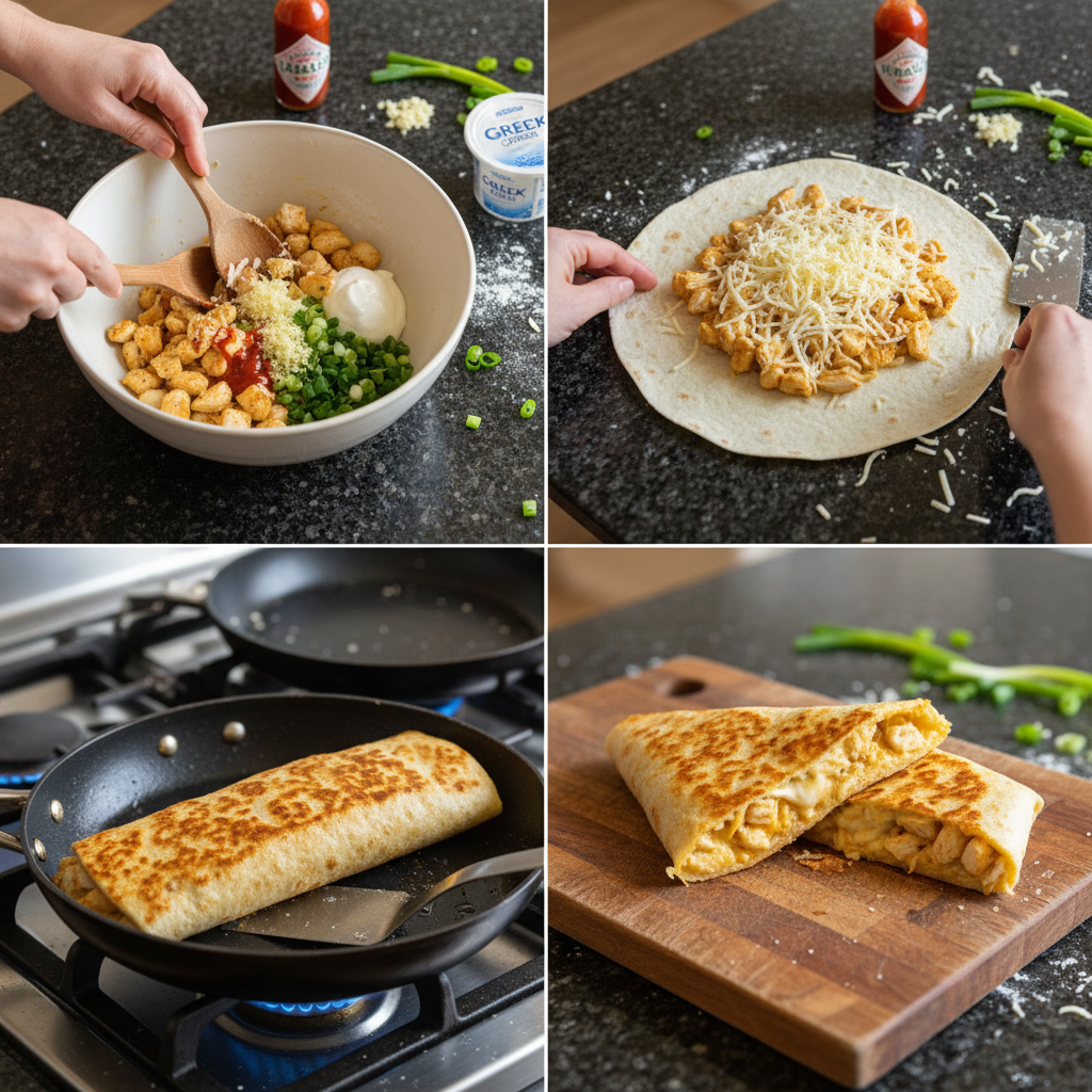 Step-by-step preparation of Cheesy Garlic Chicken Wraps.