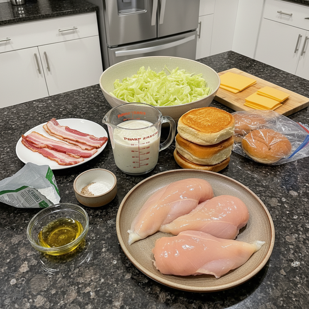 Ingredients for Chicken Bacon Ranch Sandwiches including chicken, bacon, ranch dressing.