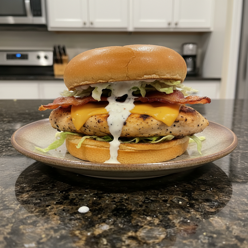 Delicious Chicken Bacon Ranch Sandwich with melted cheese, crisp bacon, and juicy chicken.