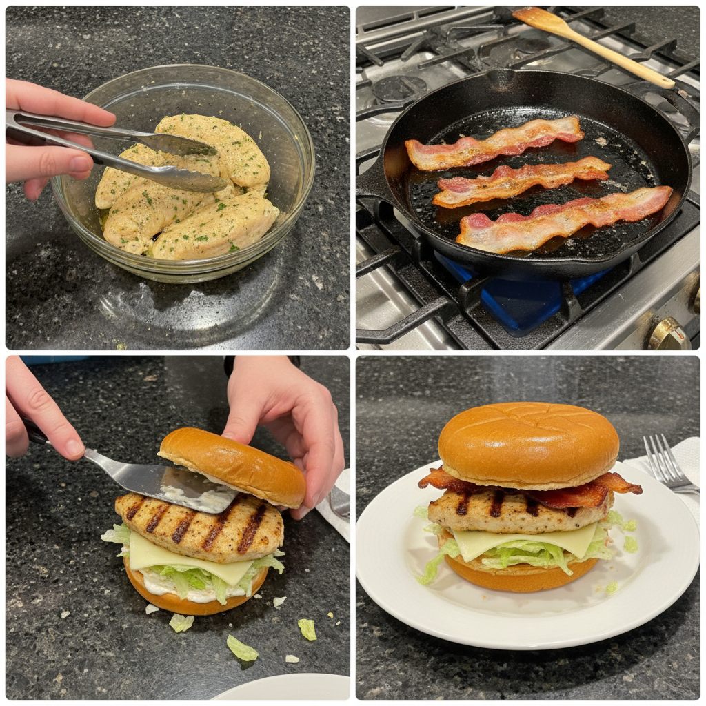 Preparing Chicken Bacon Ranch Sandwiches: assembling sandwich with bacon and ranch.