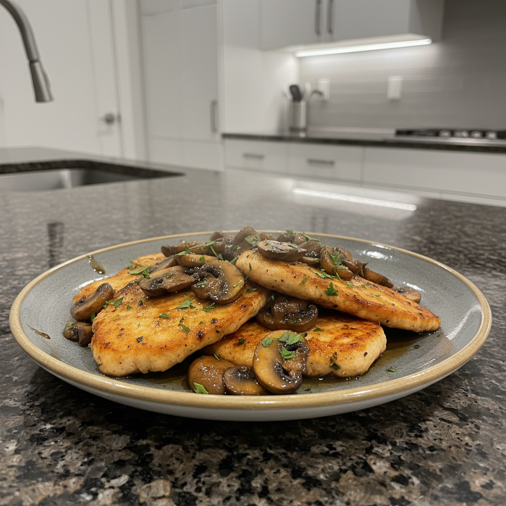 Golden Chicken Marsala with Mushrooms served over pasta, a comforting Italian-American classic.
