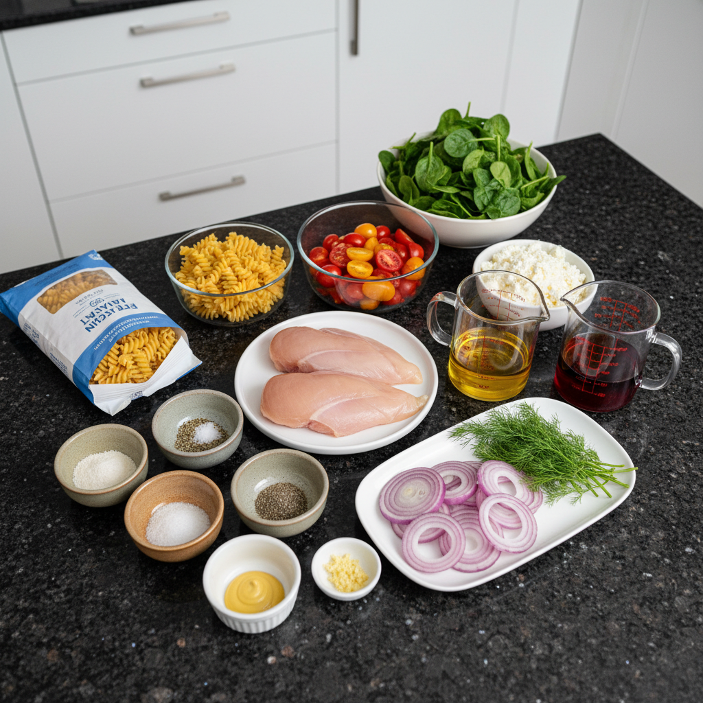 Fresh ingredients for making chicken pasta salad, including cooked chicken and pasta.