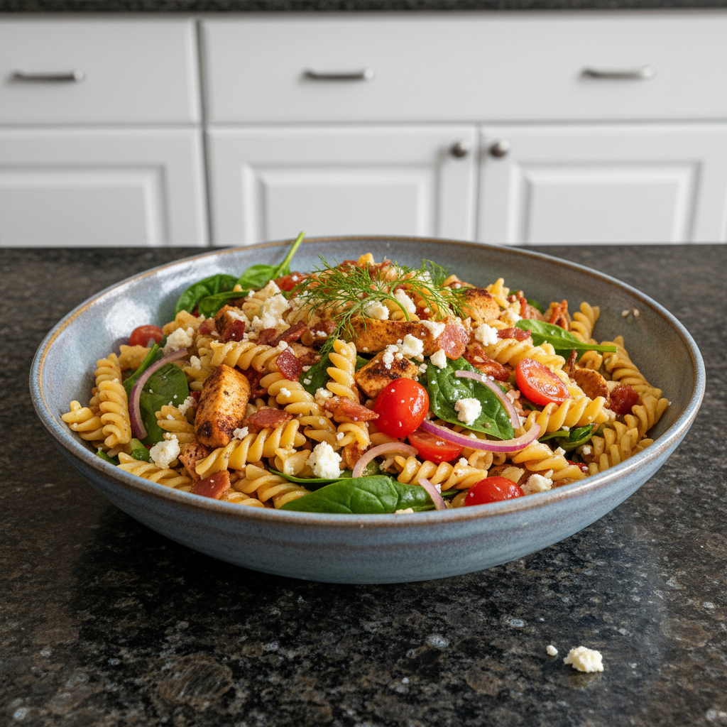 Delicious chicken pasta salad ready to serve, perfect for a summer lunch.