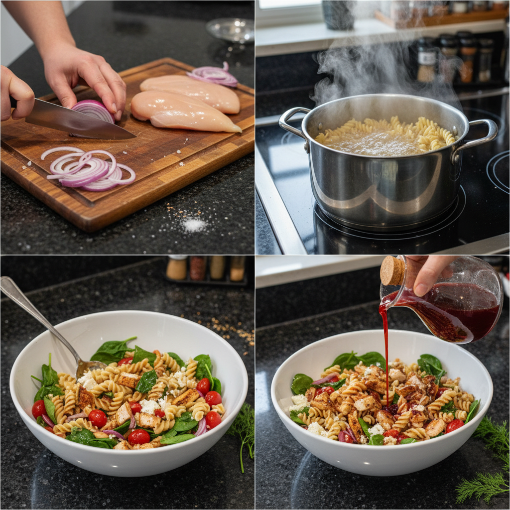 Step-by-step preparation of chicken pasta salad, showing mixing ingredients.