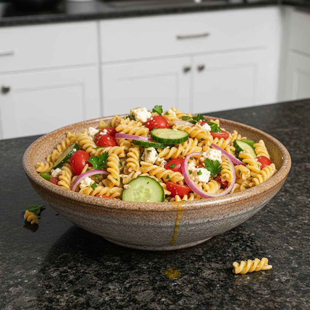 Delicious cold pasta salad with colorful vegetables and a creamy dressing.