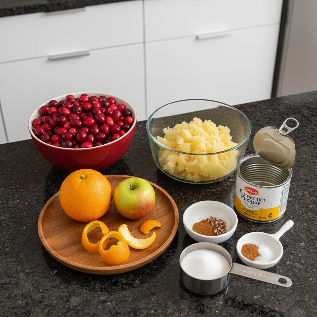 Fresh cranberries, orange, sugar, and spices for making cranberry relish.