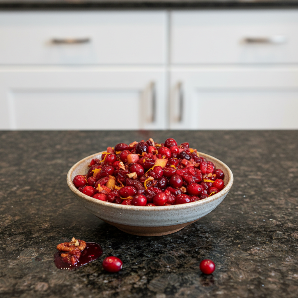 Vibrant cranberry relish in a glass bowl, garnished with orange zest.