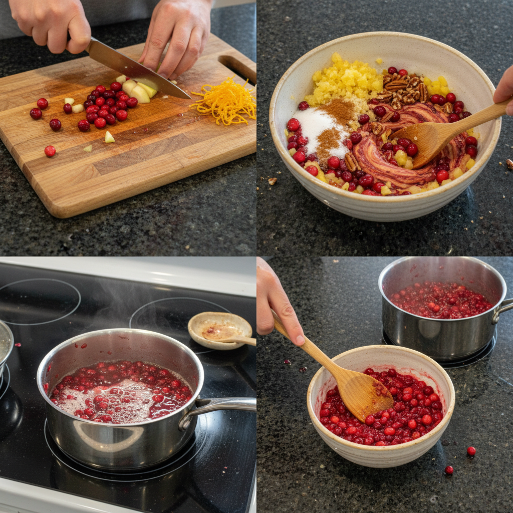 Chopping cranberries and oranges for homemade cranberry relish.