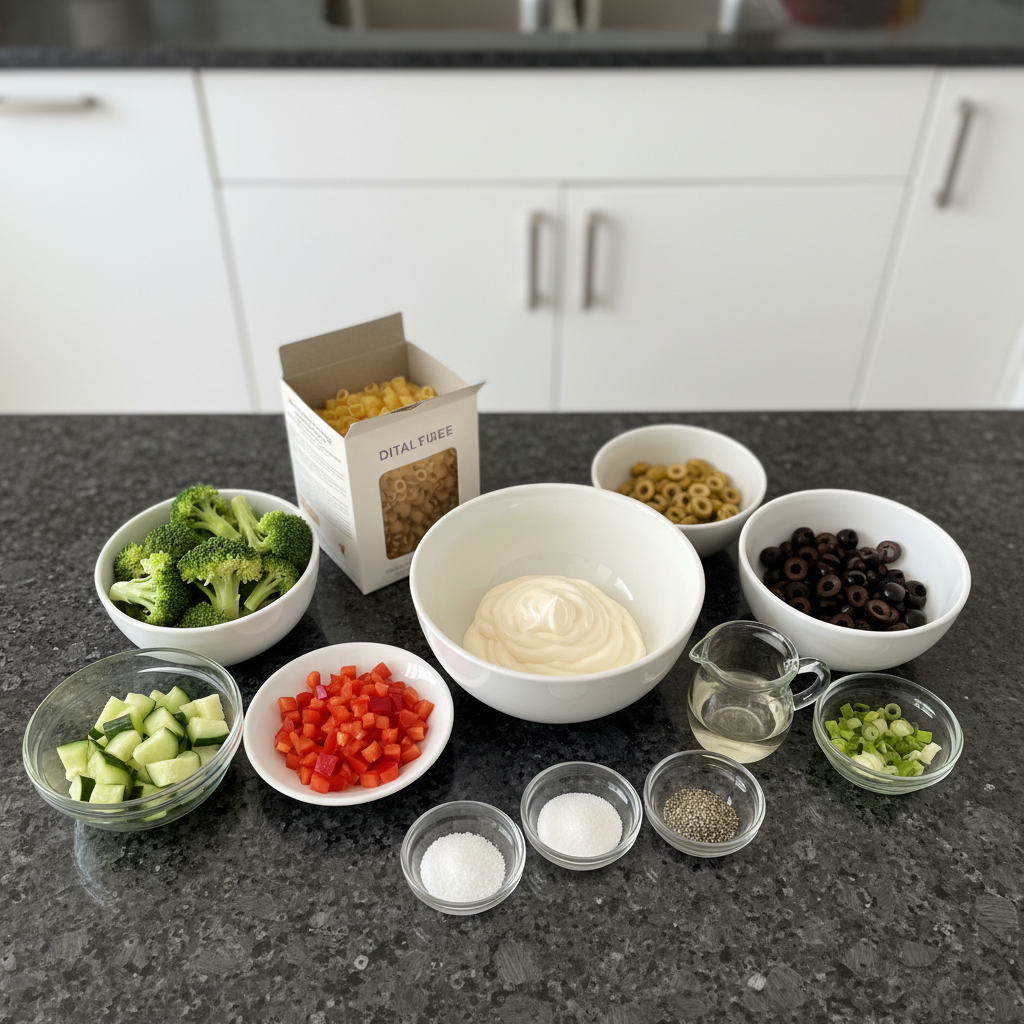 All the fresh ingredients needed to make a creamy pasta salad, from pasta to veggies.