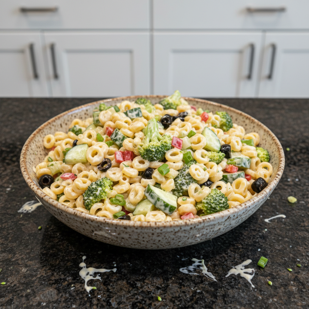 Delicious creamy pasta salad ready to be served for lunch. A vibrant and colorful dish.