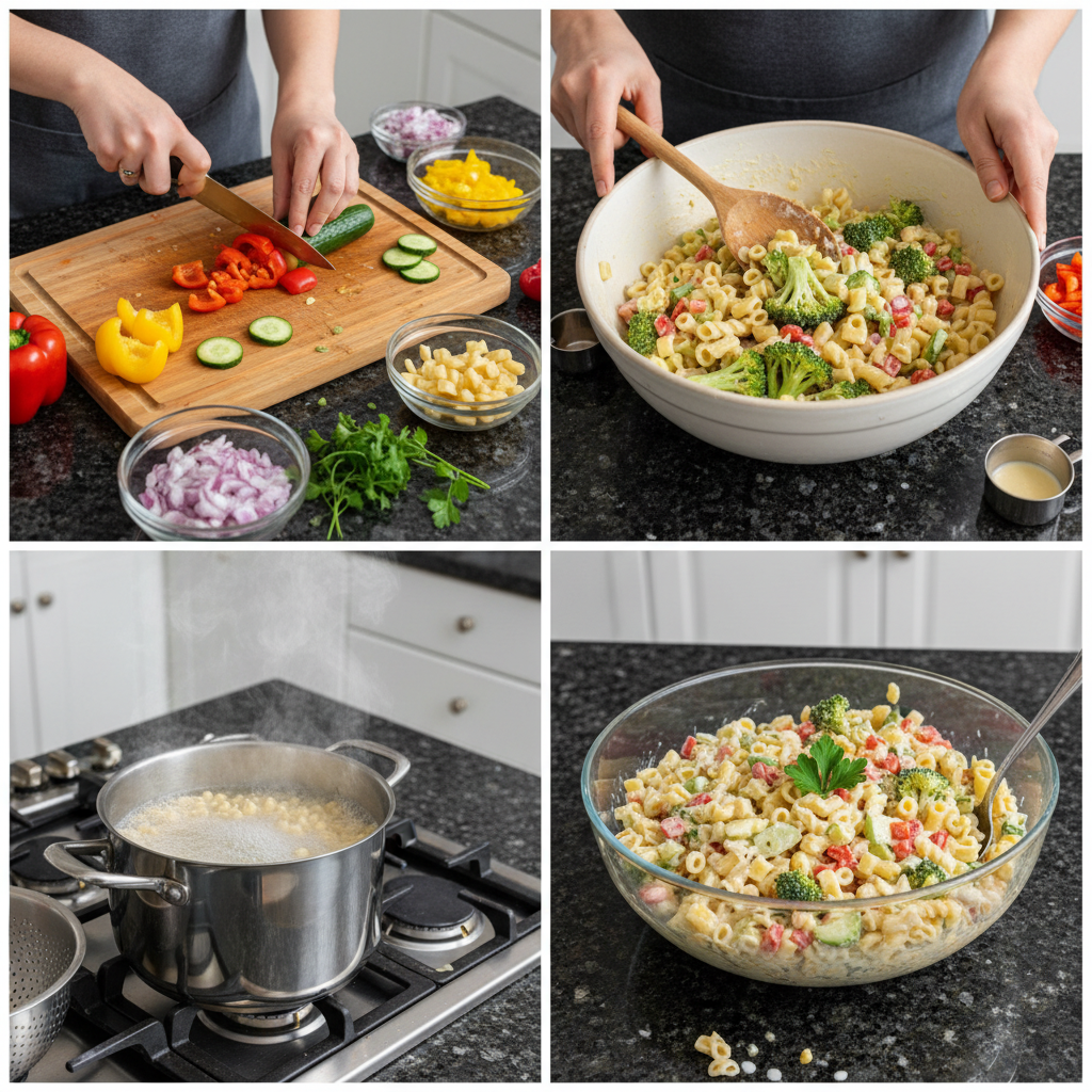 Step-by-step preparation of creamy pasta salad, showing mixing ingredients.