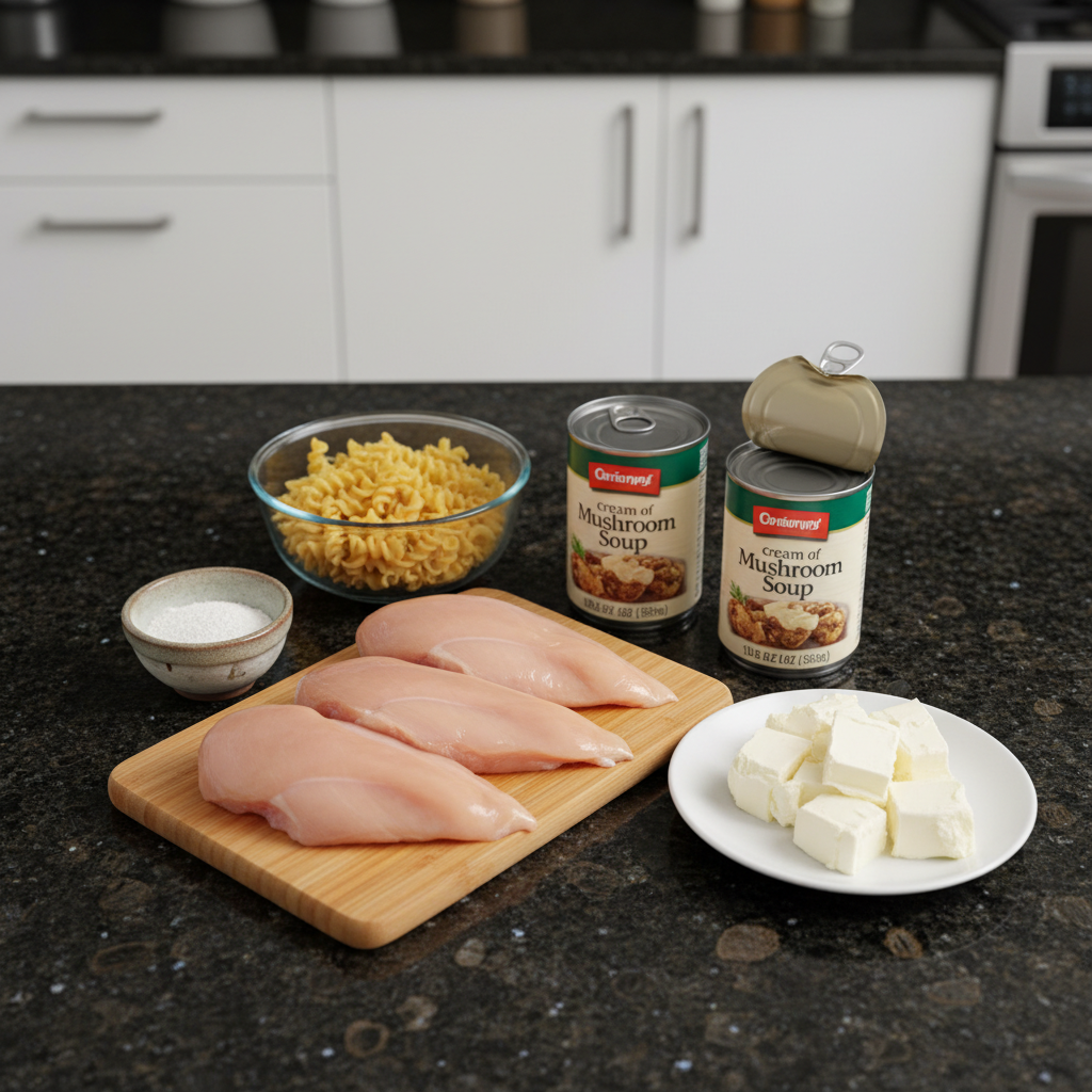 All ingredients for creamy ranch chicken crockpot laid out on a wooden surface.