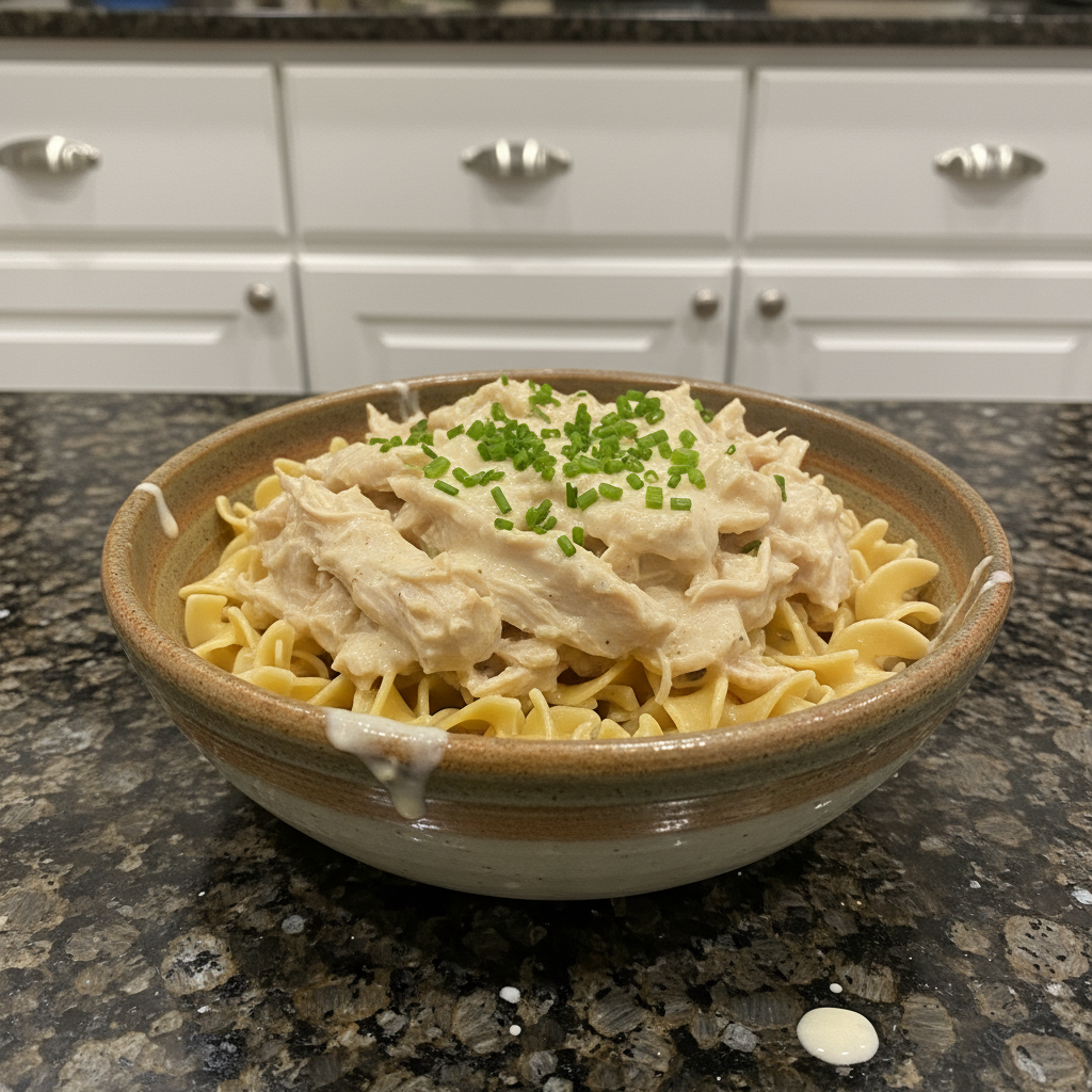 Creamy ranch chicken crockpot served in a white bowl, garnished with fresh parsley.