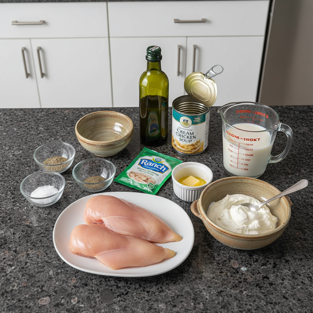 Creamy Ranch Chicken ingredients: chicken, ranch seasoning, cream cheese.
