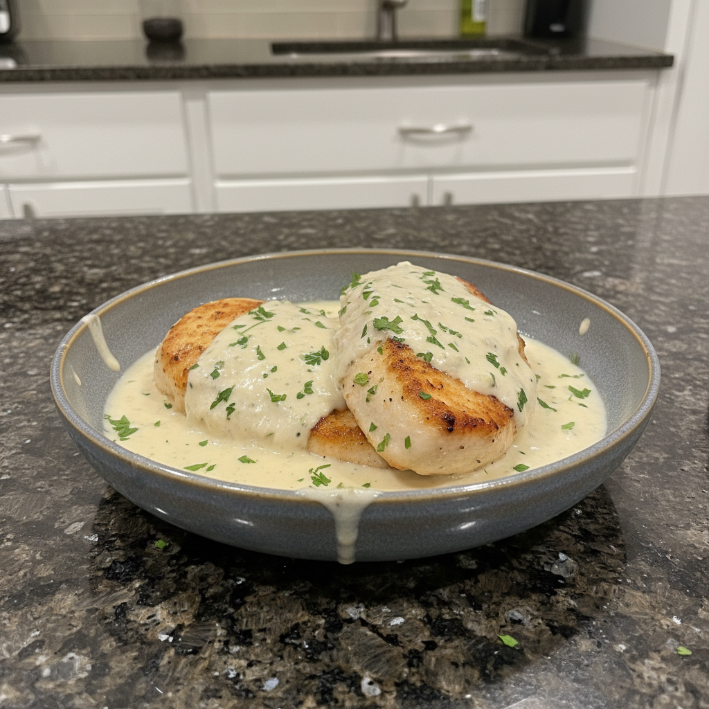 Creamy Ranch Chicken ready to serve, garnished with fresh herbs.