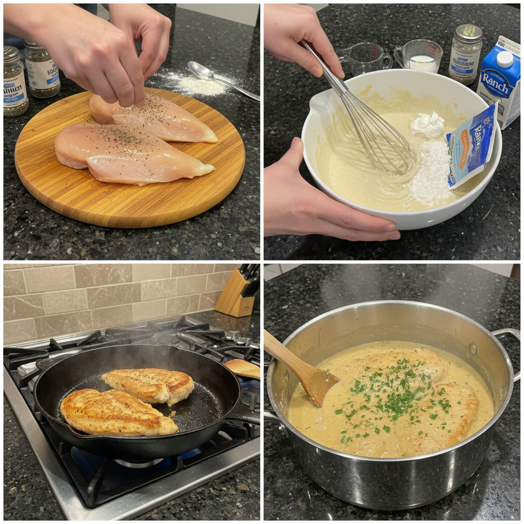 Preparing creamy ranch chicken: seasoning chicken breasts with ranch.