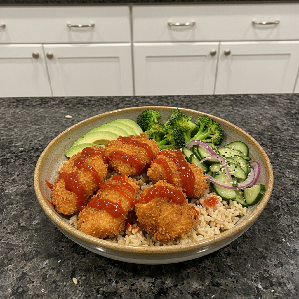 Crispy Bang Bang Salmon Bowls ready to eat, garnished with sesame seeds and green onions.