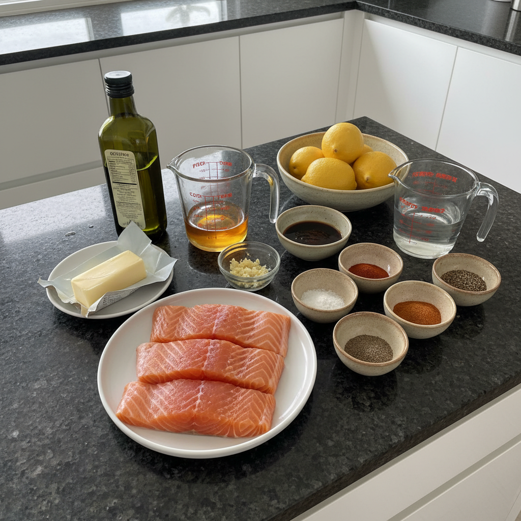 Overhead shot of all the ingredients for crispy honey garlic salmon recipe.
