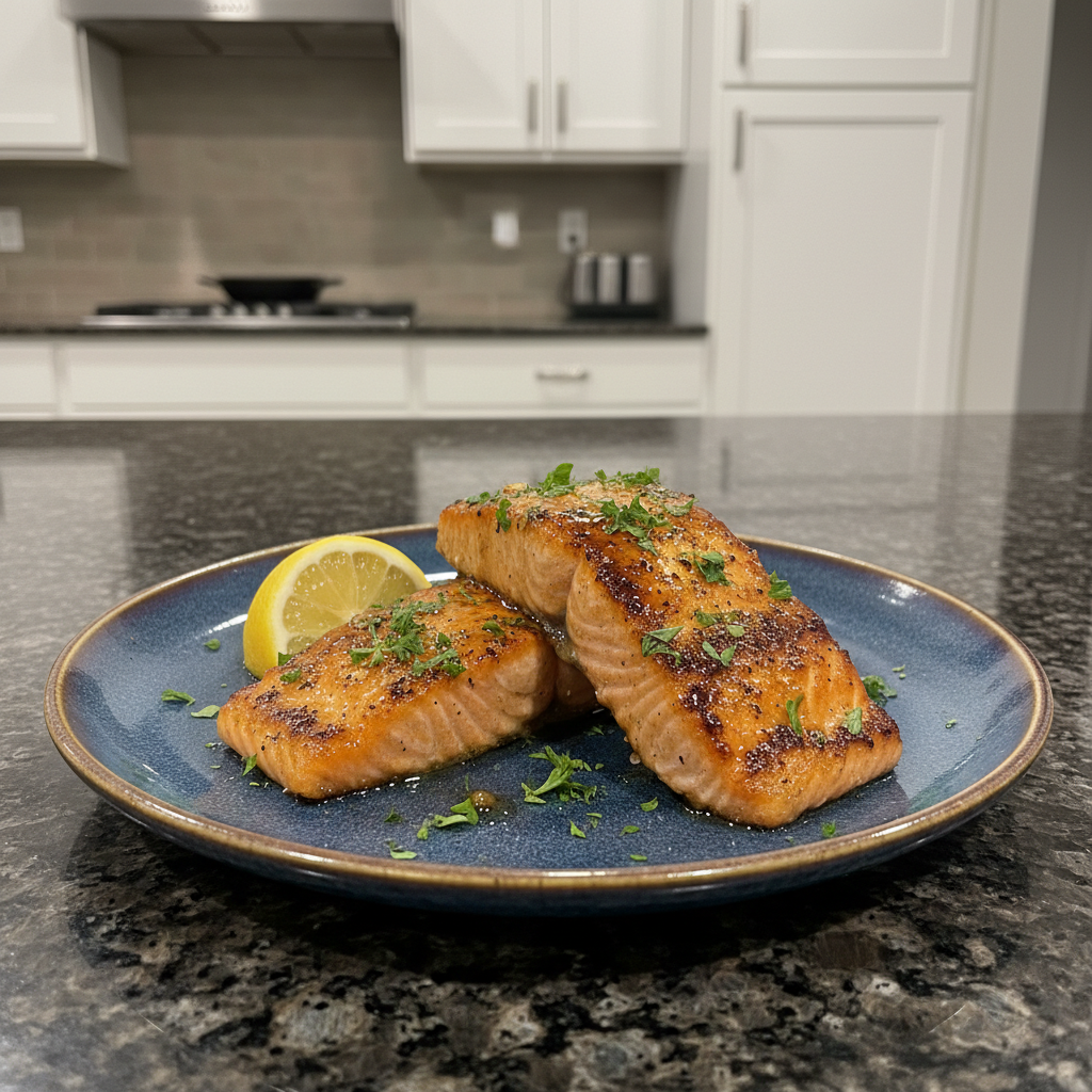 Close-up of glazed crispy honey garlic salmon fillet on a plate, ready to eat.