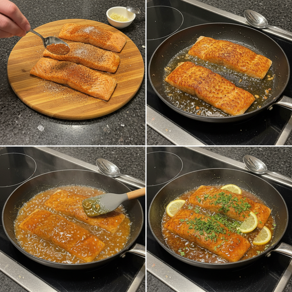 Step-by-step preparation of crispy honey garlic salmon, showing the sauce being brushed.