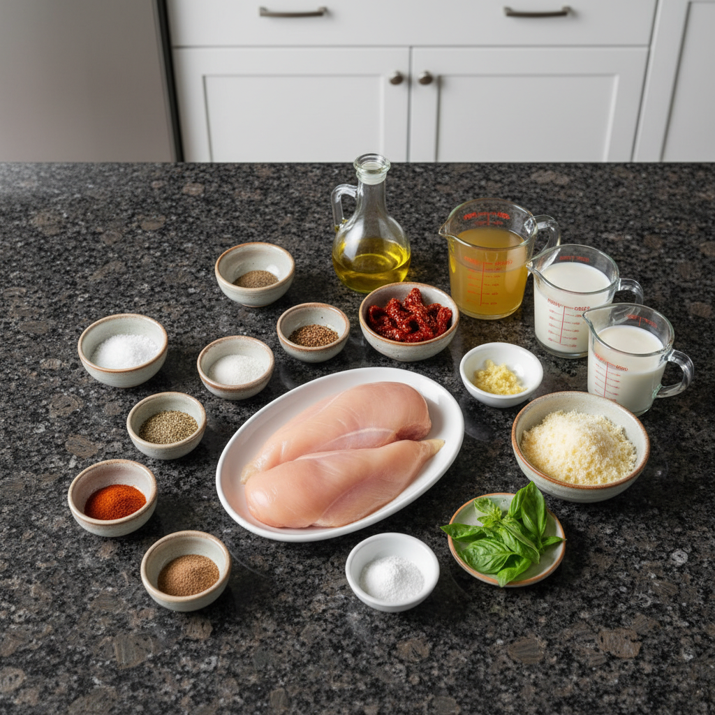 Ingredients for crock pot marry me chicken laid out on a wooden surface.