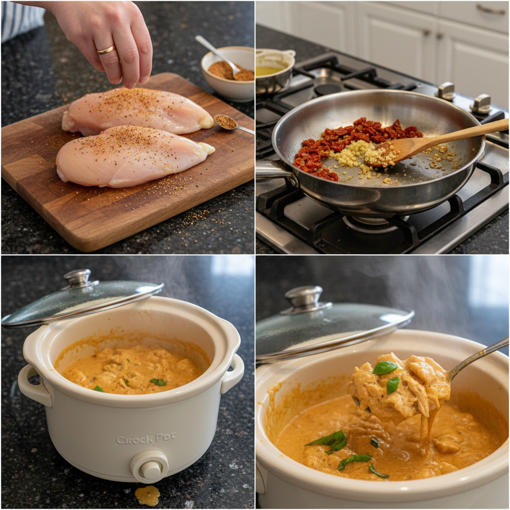 Chicken being added to a slow cooker for crock pot marry me chicken.