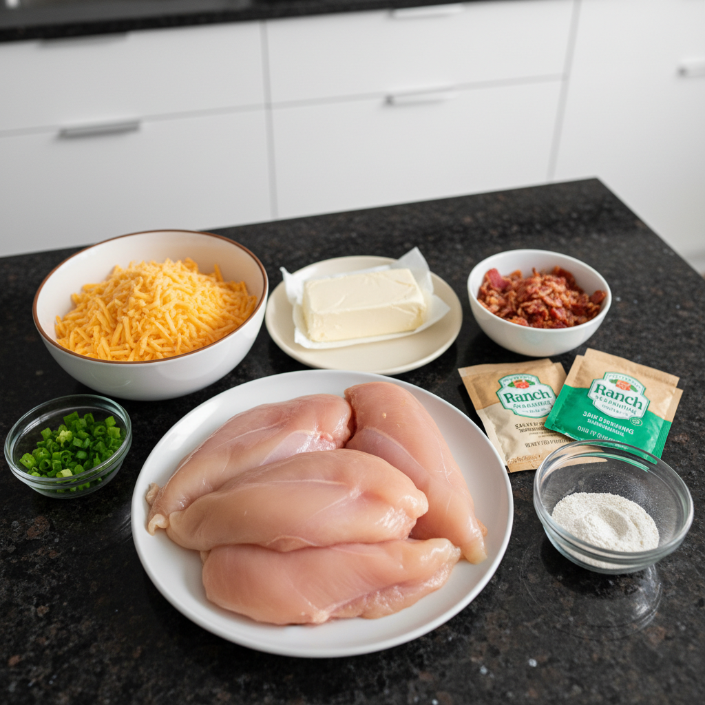 All the ingredients needed to make crock pot ranch chicken.