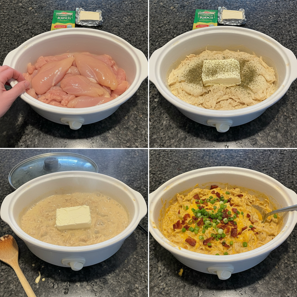 Crock pot ranch chicken being prepped in a slow cooker.