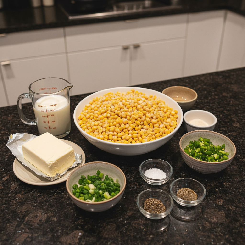 Crockpot corn dip ingredients: corn, cream cheese, peppers, seasoning.