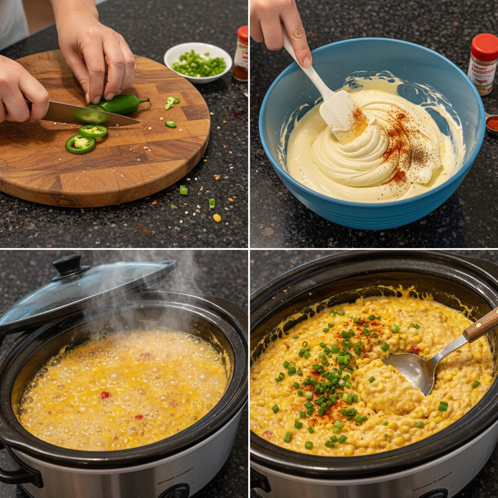 Mixing crockpot corn dip in slow cooker. Simple appetizer instructions.