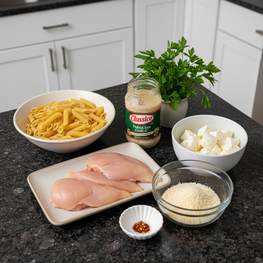 All the ingredients to make crock pot garlic parmesan chicken pasta recipe.