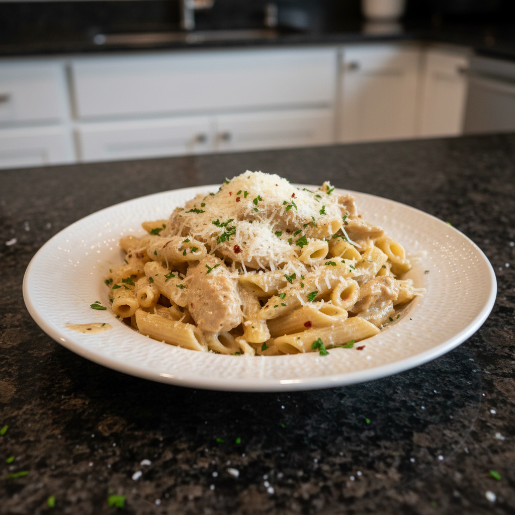 Creamy crockpot garlic parmesan chicken pasta ready to serve.